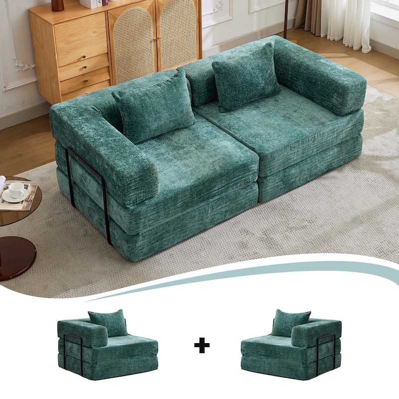 Convertible Floor Sofa Bed - Fixed Frame Chenille Loveseat, Modular Sectional, No Assembly Required