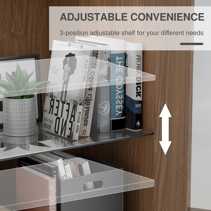 Wood Bookshelf Storage Cabinet with 2 Glass Door and Adjustable Shelf for Kitchen Bedroom Entryway Living Room Dinning Room