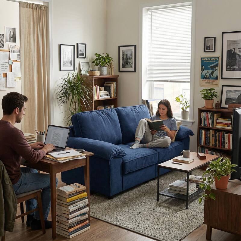 Roomfitters Modern Overstuffed Upholstered Sofa with Hidden Storage and Padded Arms, Comfy Loveseat for Small Space