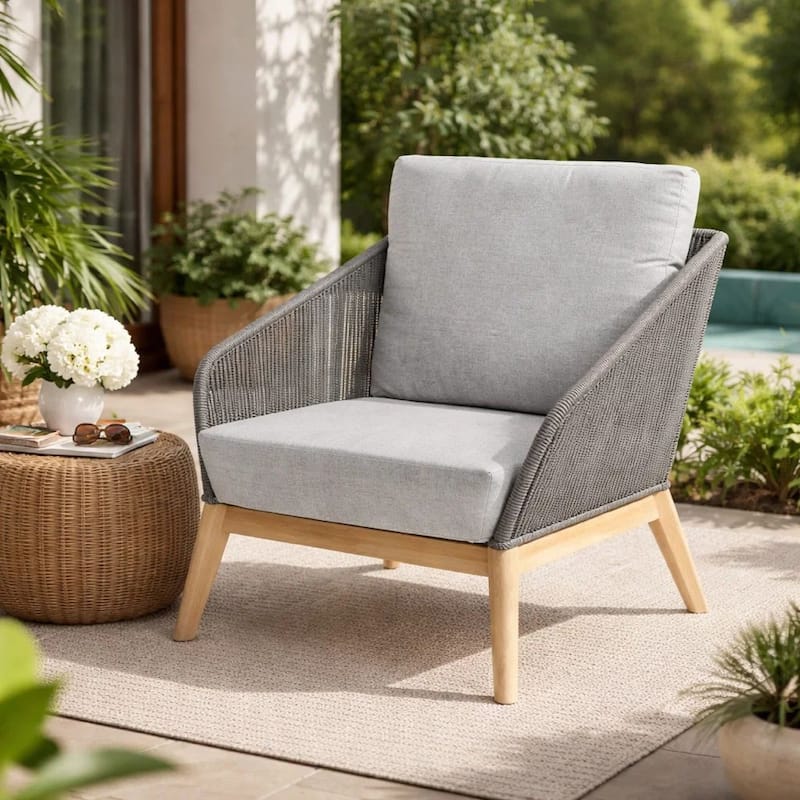 Dexi 30 Inch Patio Sofa Chair, Fade Resistant Fabric Cushions, Gray Rope