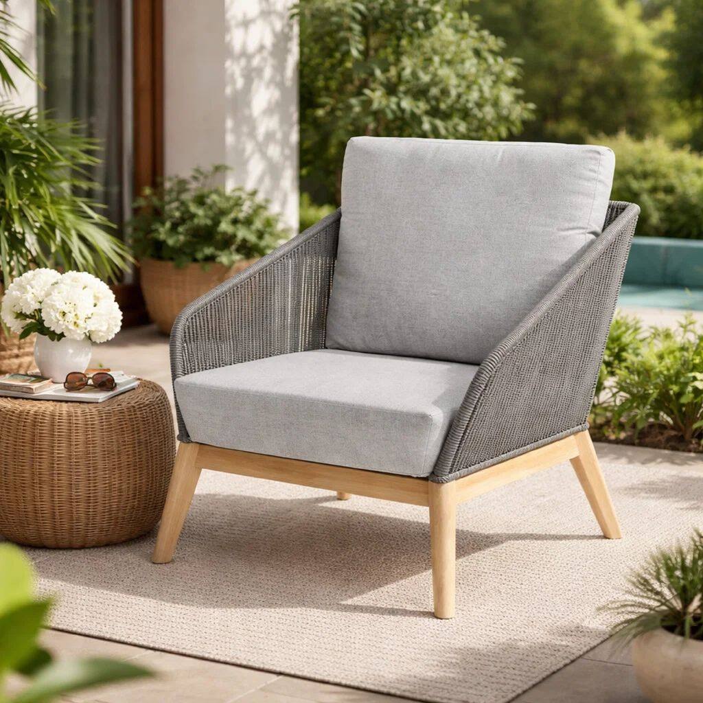 Dexi 30 Inch Patio Sofa Chair, Fade Resistant Fabric Cushions, Gray Rope