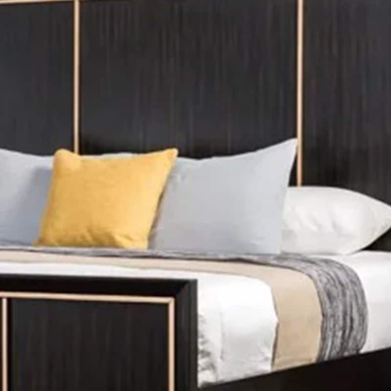 Yada Queen Bed w Gold Trim Accents, Tapered Legs, Espresso Brown Wood