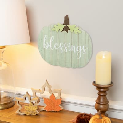 20" Green Brown Blessings Pumpkin Wooden Thanksgiving Wall Sign