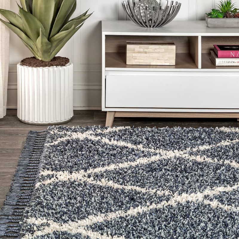 JONATHAN Y Modern Shag Plush Tassel Moroccan Geometric Trellis Area Rug