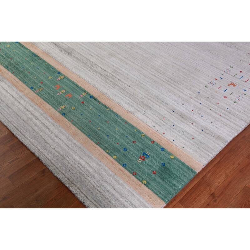 Hand Knotted Oriental 100% Wool Carpet Tribal Stripe Greys & Charcoal Gabbeh Area Rug - 12' 6'' X 9' 2''