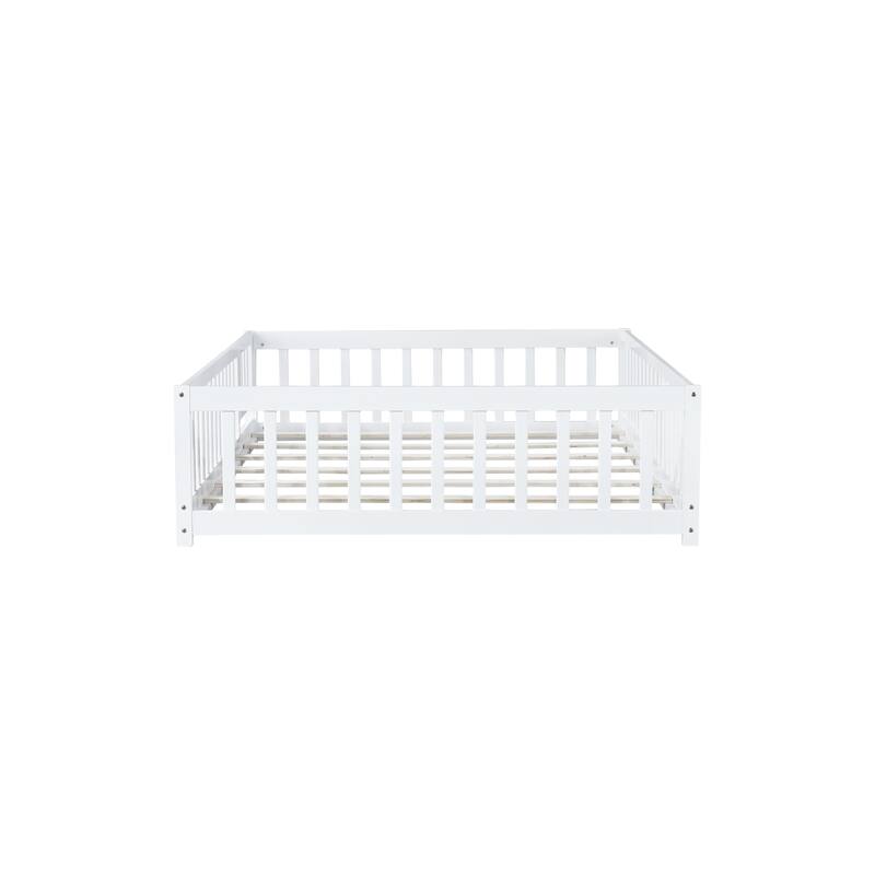 White Full Size Wooden Floor Bed with Fence & Door, Rubber, Safety Guardrails