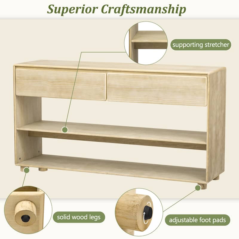 3-Tier Console Table, Pine Veneer Entryway Table with Drawers and Open Storage Shelf, Hallway Table with Solid Wood Legs