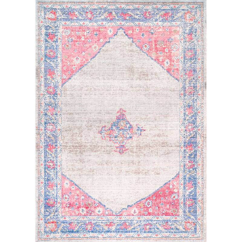 Nuloom Grey Transitional Classical Medallion Fading Folktime Border Area Rug - 4' 3" x 6' 6" - Grey