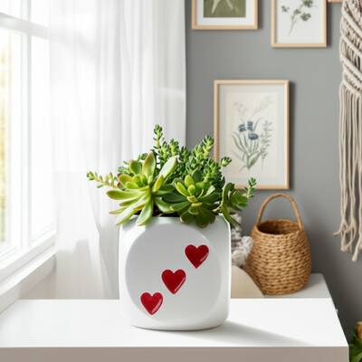 Ceramic Planter Heart Graphic Dice-Inspired Decorative Plant Holder - 6" x 6" x 6"