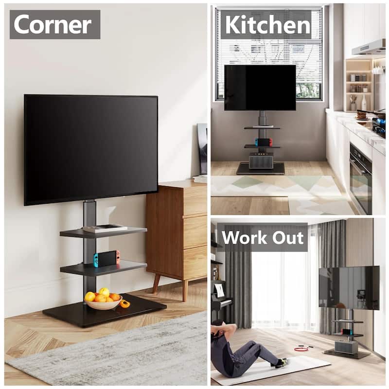 FITUEYES Tempered Glass Base Floor TV Stand for 32-65 inch TVs with Two Shelves