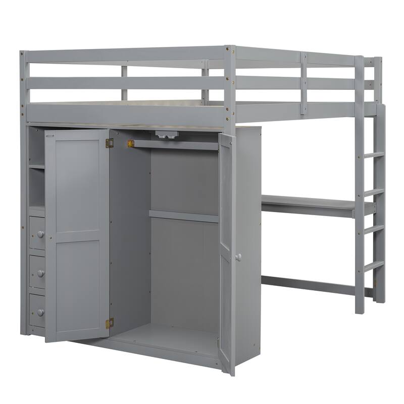 Full Size Loft Bed with Wardrobe, Desk, Storage Shelves, and Drawers, Space-Saving Design