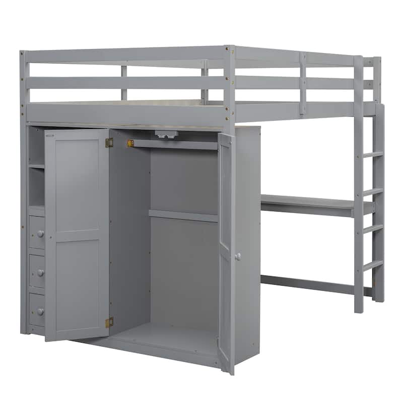 Gray Full Size Solid Wood Loft Bed with Built-in Wardrobe, Desk, and Shelves