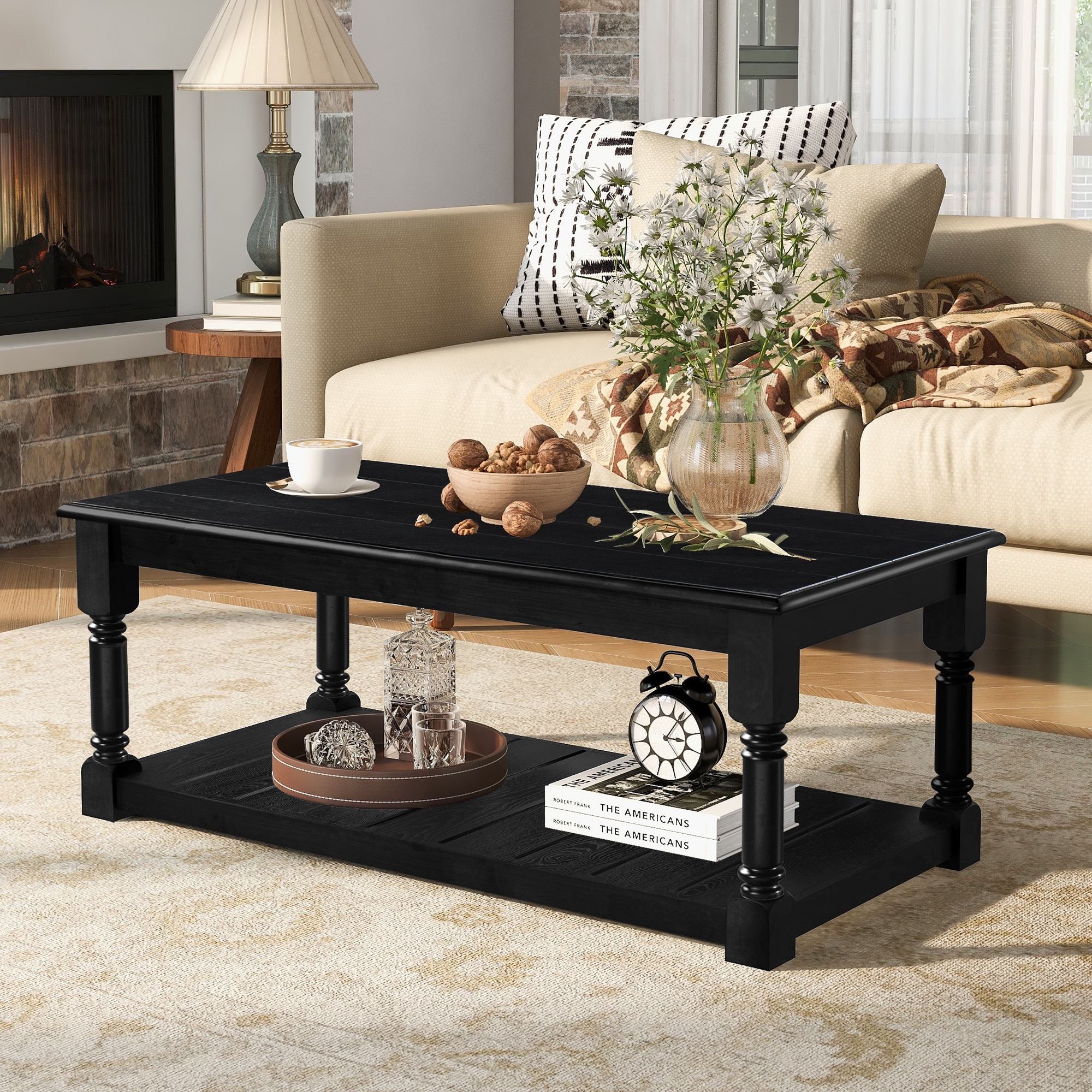 45.3" Farmhouse Wooden Coffee Table with Slatted Shelf, Rectangular Turned Wood Leg Cocktail Table, End Table for Living Room