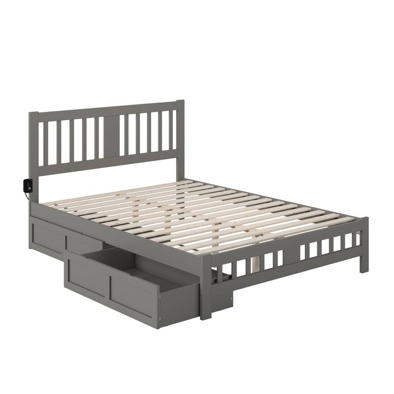 Mid-Century Modern Bed with Footboard & Drawers - Grey Bedroom Furniture