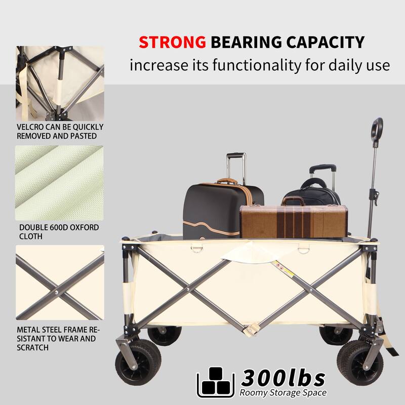 Folding Wagon, Heavy Duty Beach Cart for Sand with Big Wheels, Adjustable Handle&Drink Holders for Shopping, Camping and Outdoor