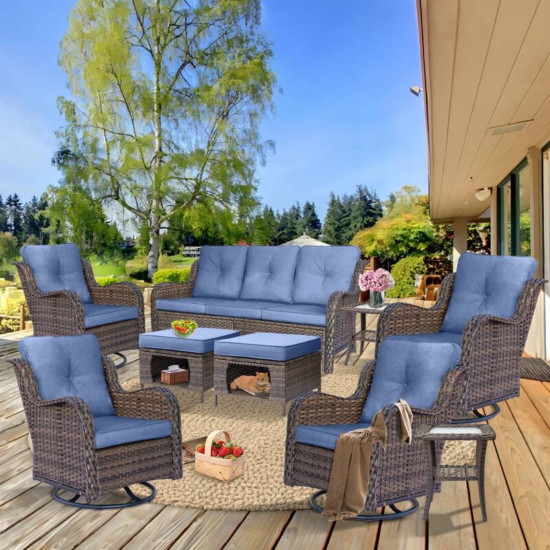 9 Pieces Outdoor Patio Furniture Set Wicker Swivel Chair with Ottoman