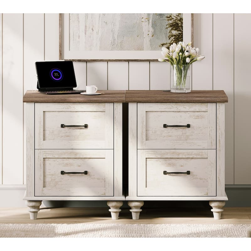 Nightstand with Charging Station, 2-Drawer End Table for Bedroom - Antique White - 4-drawer