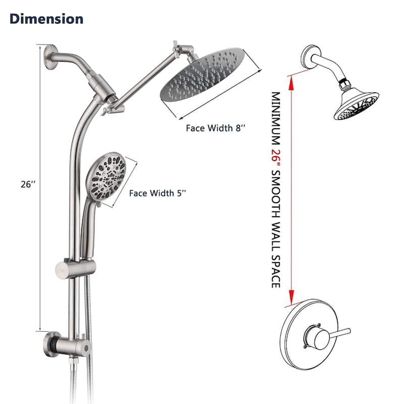 PROOX Bath Dual Shower Head and Handheld Shower Extend Arm (Valve Not Included)