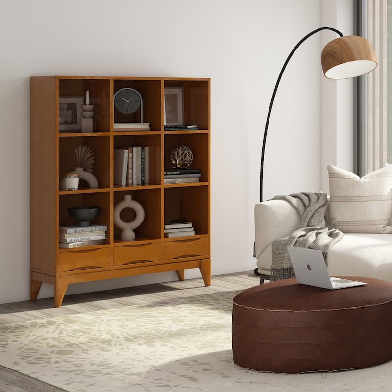 WYNDENHALL Pearson SOLID HARDWOOD 58 inch x 42 inch Mid Century Modern Cube Storage Bookcase with Drawers - Teak Brown