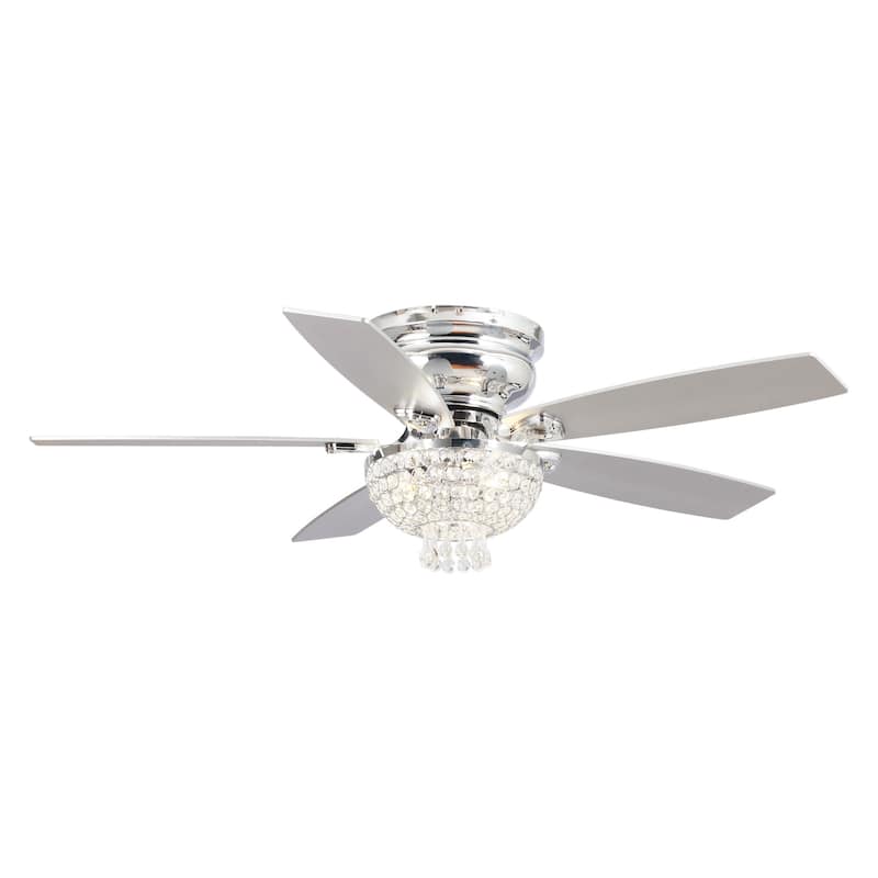 52" Chrome Wood 5-blade Flush Mount Crystal Ceiling Fan with Remote