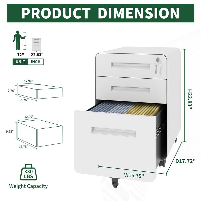 3-Drawer Mobile File Cabinet with Lock, All-Steel Metal Storage Cabinet on Casters, for Home & Office, Holds A4/Letter Files