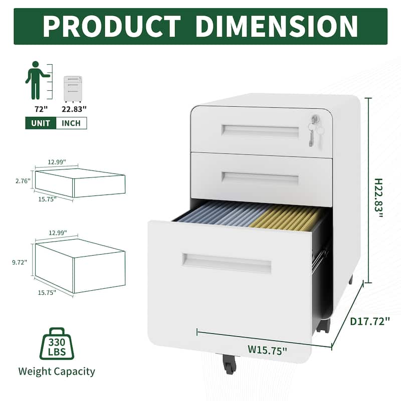 Modern 3-Drawer Wide Mobile File Cabinet with Lock and 4 Swivel Casters, for Office and Home Use, White