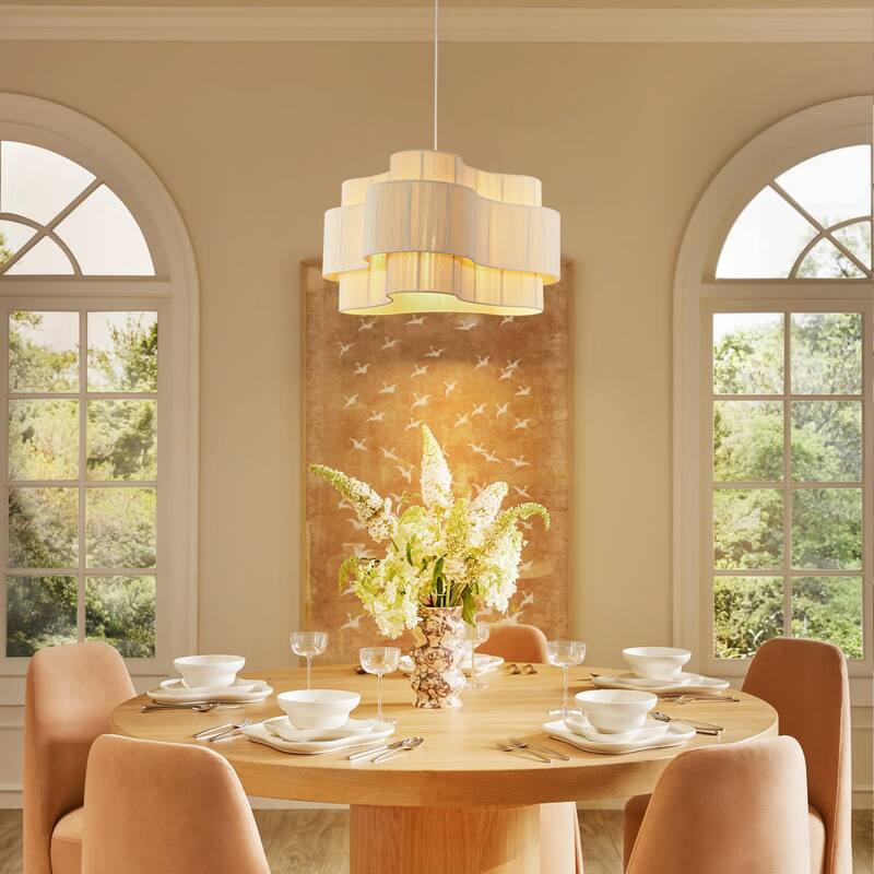 1-Light Bohemian Coastal Hand-Woven Off-White Cotton Thread Drum Chandelier for Bedroom, Porch