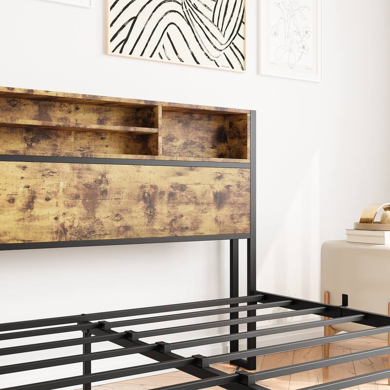 Metal Platform Bed with Storage Headboard and Charging Station