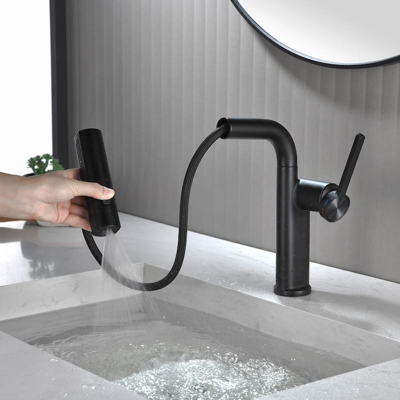 Single Handle Pull Out Bathroom Faucet with Sprayer Brass 1 Hole Matte Black Bathroom Sink Basin Faucets with Pull Out Sprayer