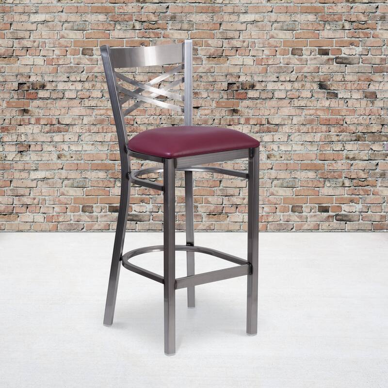 2 Pack Clear Coated ''X'' Back Metal Restaurant Barstool - 17"W x 18"D x 42.25"H - 17"W x 18"D x 42.25"H - Burgundy Vinyl Seat/ Clear Coated Frame