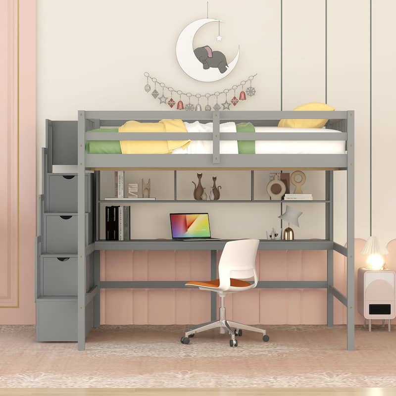 Full Size Loft Bed with Desk, Storage Shelves, and Staircase in Grey