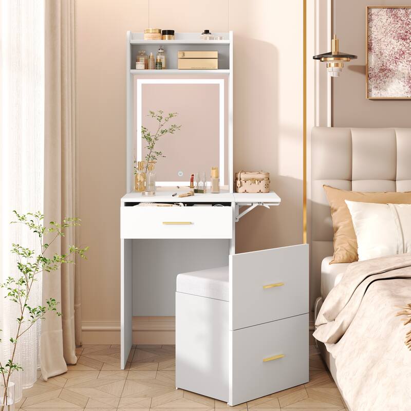 Small Vanity Desk with Mirror and Light, Makeup Table with Fold-up Panel, 3 in 1 Vanity Set with Hidden Stool