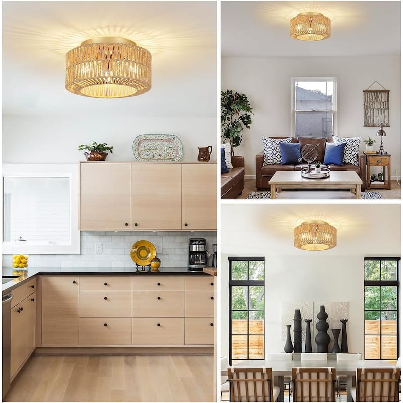 3-Light Rattan Ceiling Light Fixture, Flush Mount Ceiling Light with Hand-Woven Shade, Chandelier for Living Bedroom Entryway