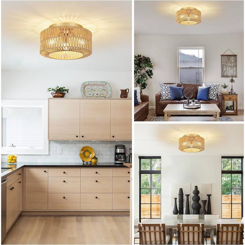Boho Light Fixtures Ceiling Mount,3-Light Farmhouse Rattan Ceiling Light Fixture,Flush Mount Ceiling Light with Hand-Woven Shade