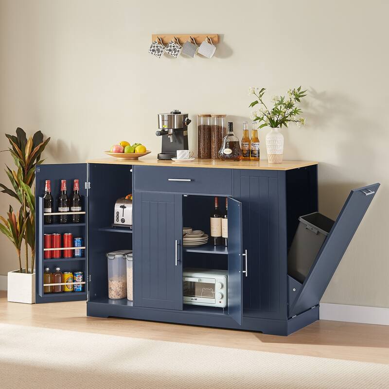 Kitchen Island with Hidden Trash Can, Multi Functional Mobile Island Table, Breakfast Bar with Drawer & Adjustable Shelves