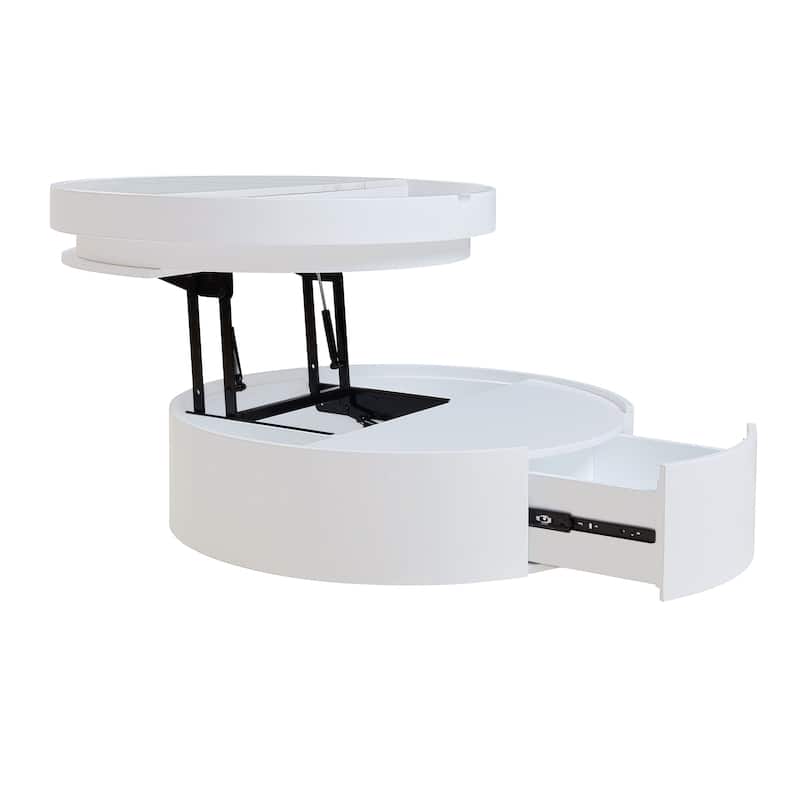 Small Lift-Top Round Coffee Table, Dual-Tone Table with Faux Marble & Wood Grain Top, Compact Center Table with Hidden Storage