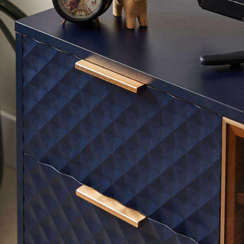 Modern TV Stand, Geometric Design TV Stand with 4 Drawers Aluminum Frame and Tempered Glass Door, for Living Rooms, Dark Blue