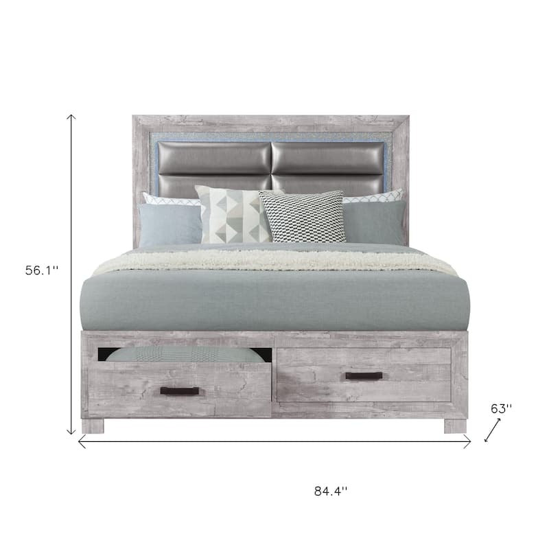 HomeRoots Gray and Silver Faux Crystal Bling Wood And Faux Leather Queen Bed Frame With Two Drawers