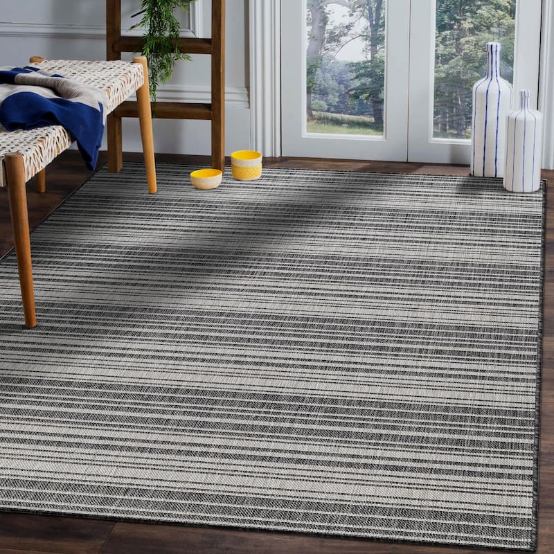 Beverly Rug Dark Grey Striped Indoor Outdoor Rug, Outside Carpet for Patio, Deck, Porch