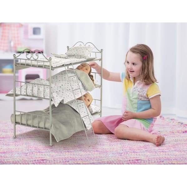 slide 2 of 7, Badger Basket Scrollwork Metal Triple Doll Bunk Bed with Ladder and Bedding - Silver/Pink/Stars
