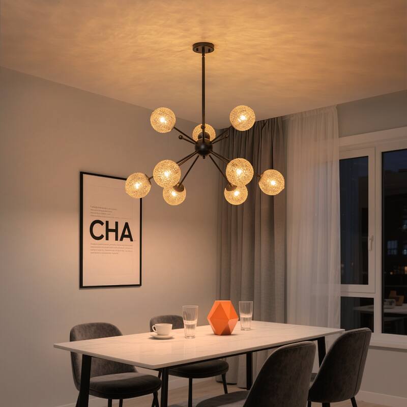 31.5" 9-Light Modern Black Sputnik Pendant Light Pineapple Glass Globe - Dia.31.5-in