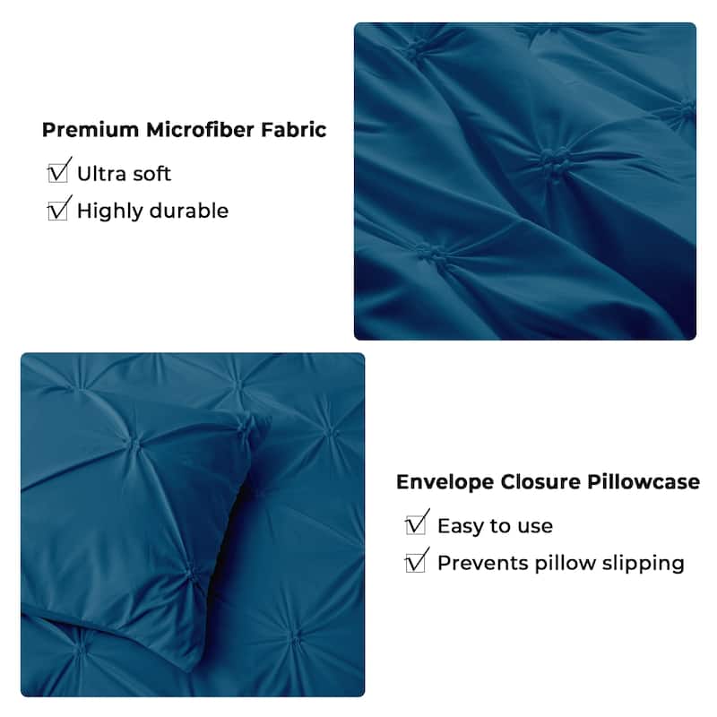 3 Piece Pintuck Pinch Pleat Comforter Set, Bedding Set for All Season, Navy