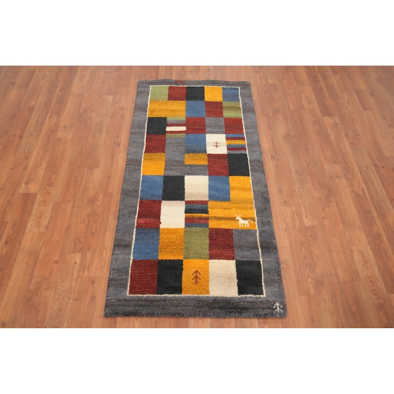 Hand Knotted Oriental 100% Wool Carpet Modern Geometric Multi-Colored Gabbeh Runner Rug - 4' 7'' X 2' 3''