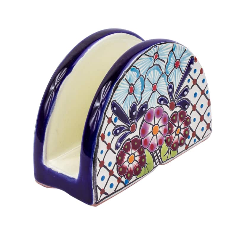 Novica Handmade Traditional Flowers Ceramic Napkin Holder