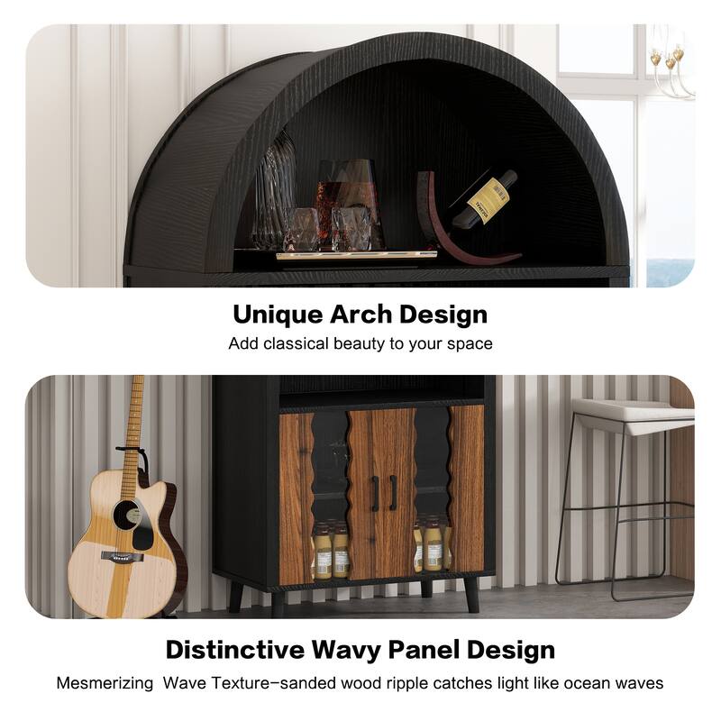 71"Farmhouse Arched Wine Bar Cabinet, Arch Cabinets &Coffee Bar, Whiskey Station With Wine Rack And Wine Glass Holder