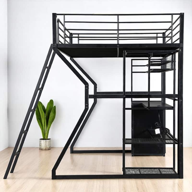 Black Full Metal Loft Bed with Workstation, LED Lights, Storage Cabinet, USB Charging & Open Closet