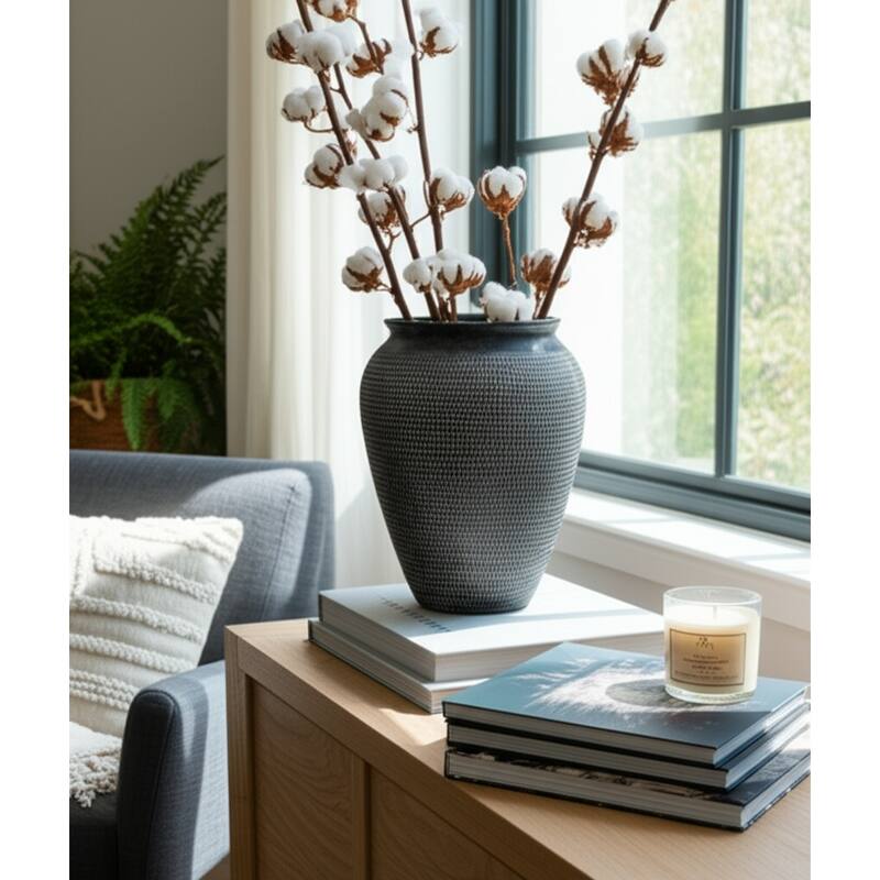 Ceramic Vase Textured Wide-Opening for Modern Decor - 16" Black