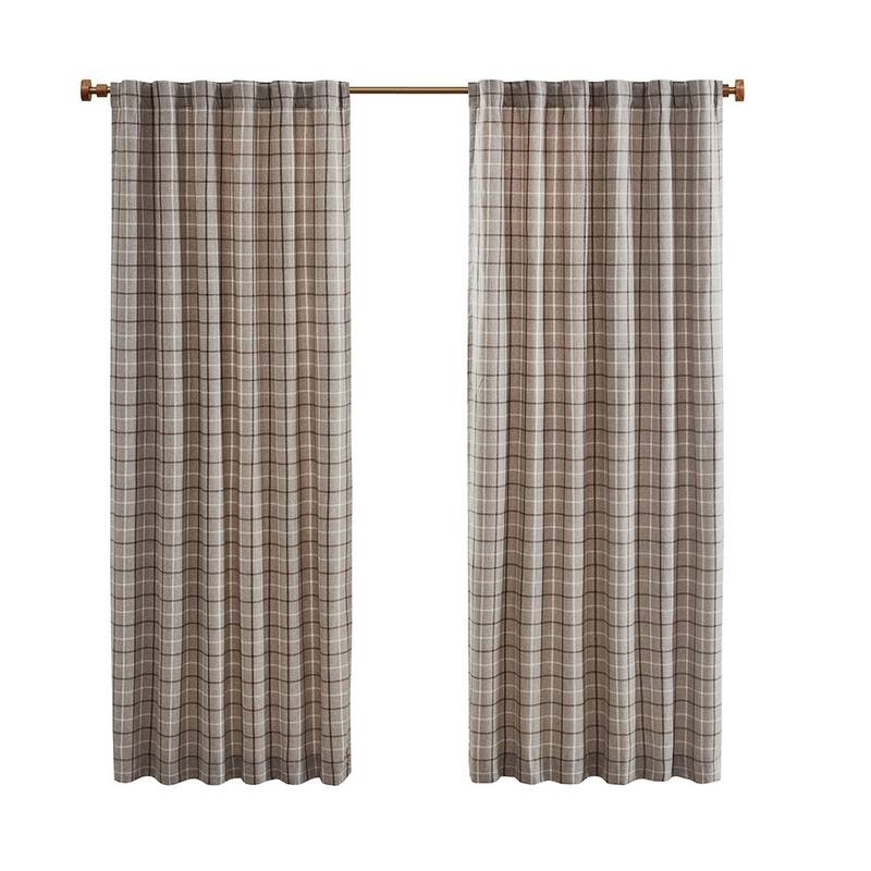 Plaid Rod Pocket and Back Tab Curtain Panel with Fleece Lining Natural 50x95"