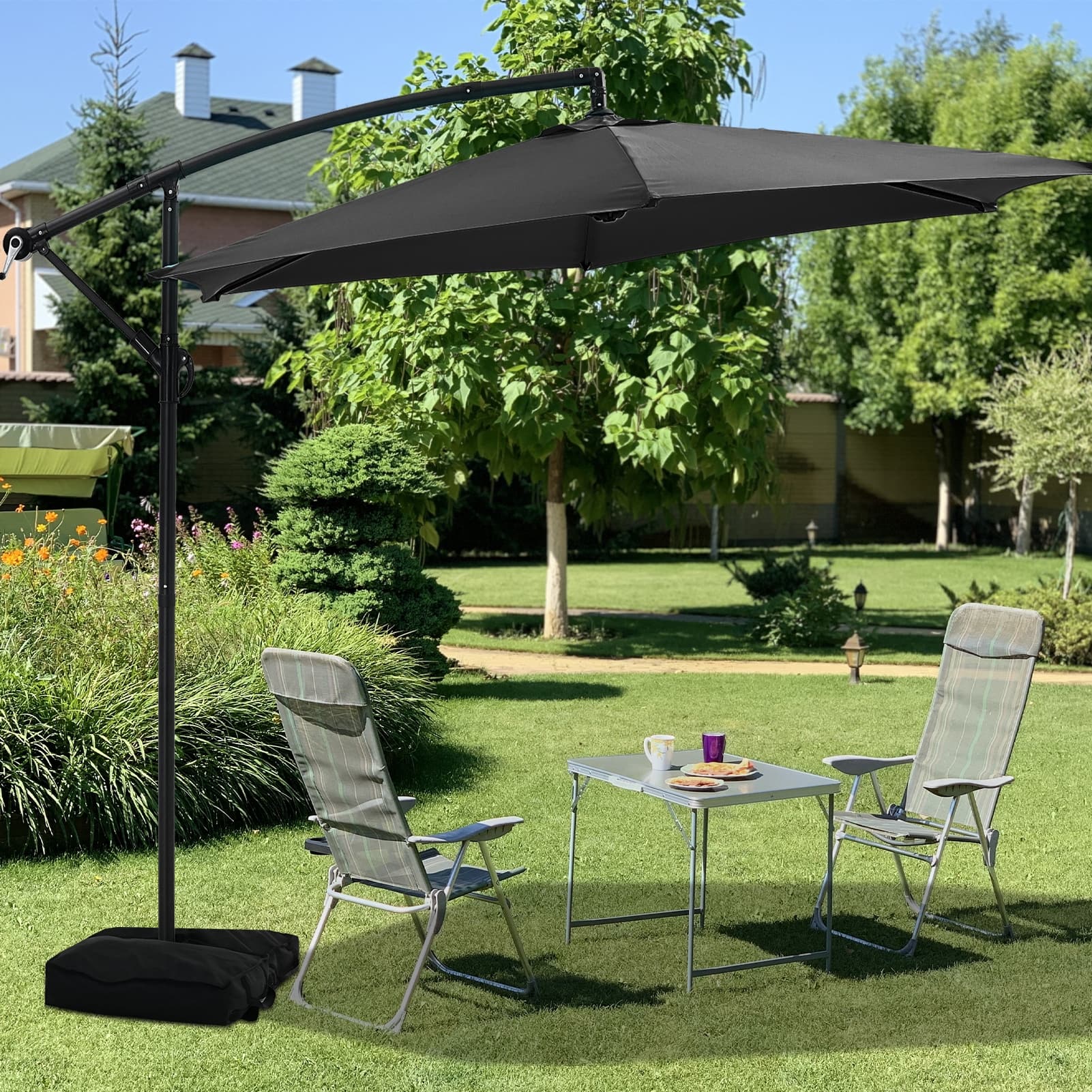 ainfox outdoor 10ft solar cantilever offset hanging patio umbrella Double Top Heavy-Duty with lights and Cross Base, Large Aluminum Rotation Sun Shade coated steel ribs and a gray coated pole support the umbrella steadily Durable fabric Ainfox 10ft Solar Patio Umbrella