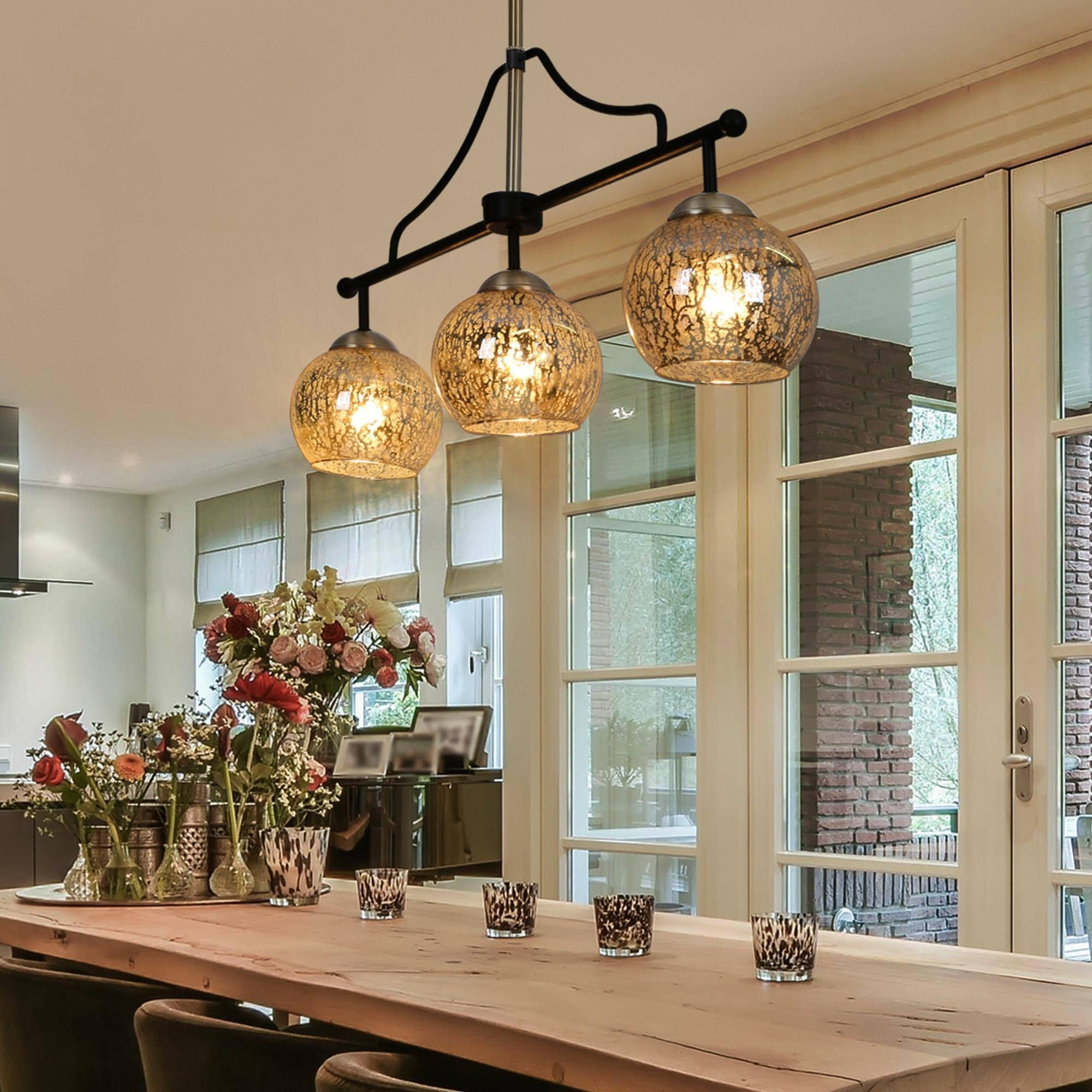 Ziv Modern Transitional 3-Light Black Gold Chandelier Linear Kitchen Pendant with Mercury Glass - 28.5" L x 5.5" W x 13" H